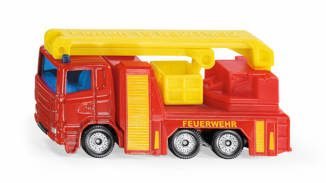 Toy fire truck with red body and yellow roof