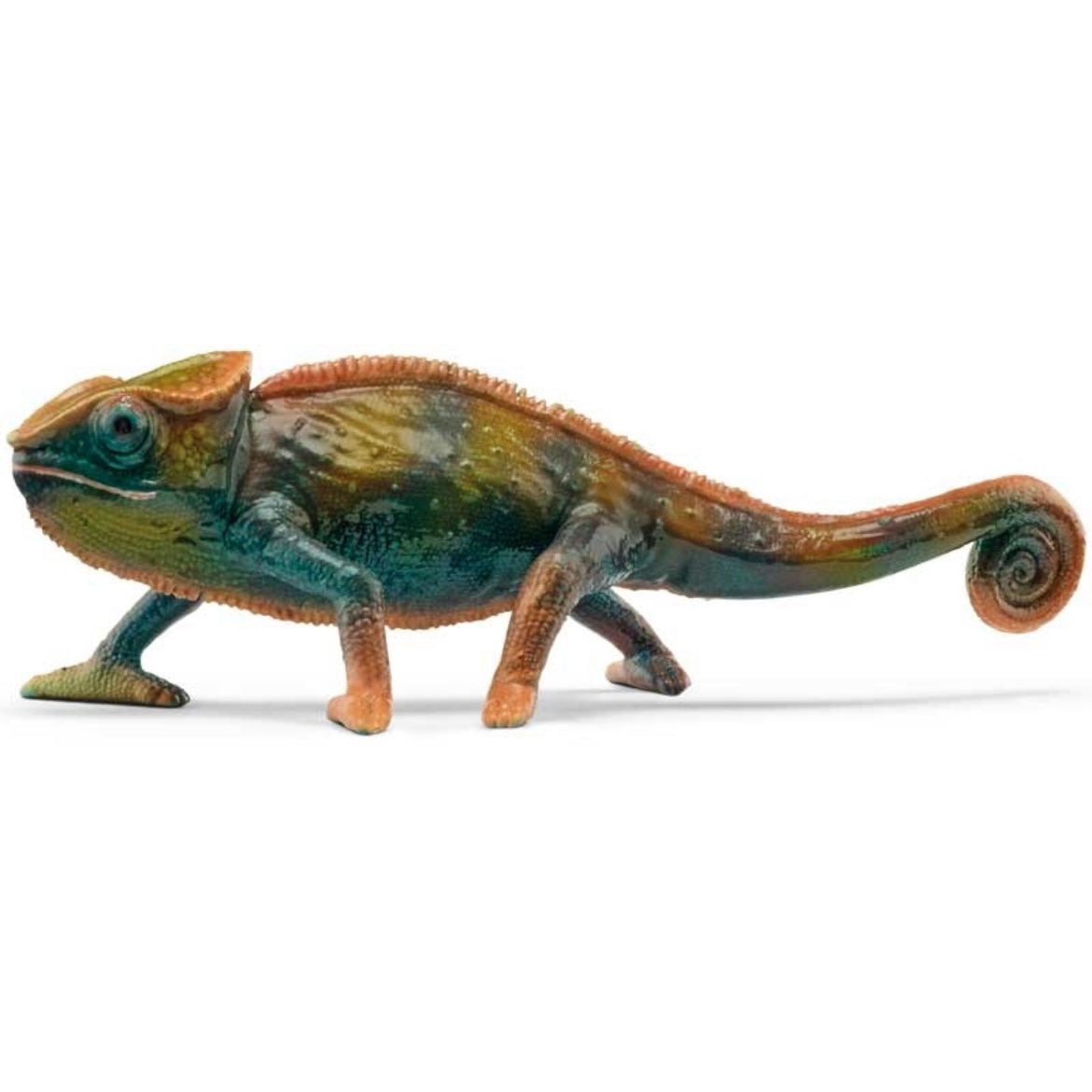 Hand painted plastic toy chameleon. Blue, green, orange.