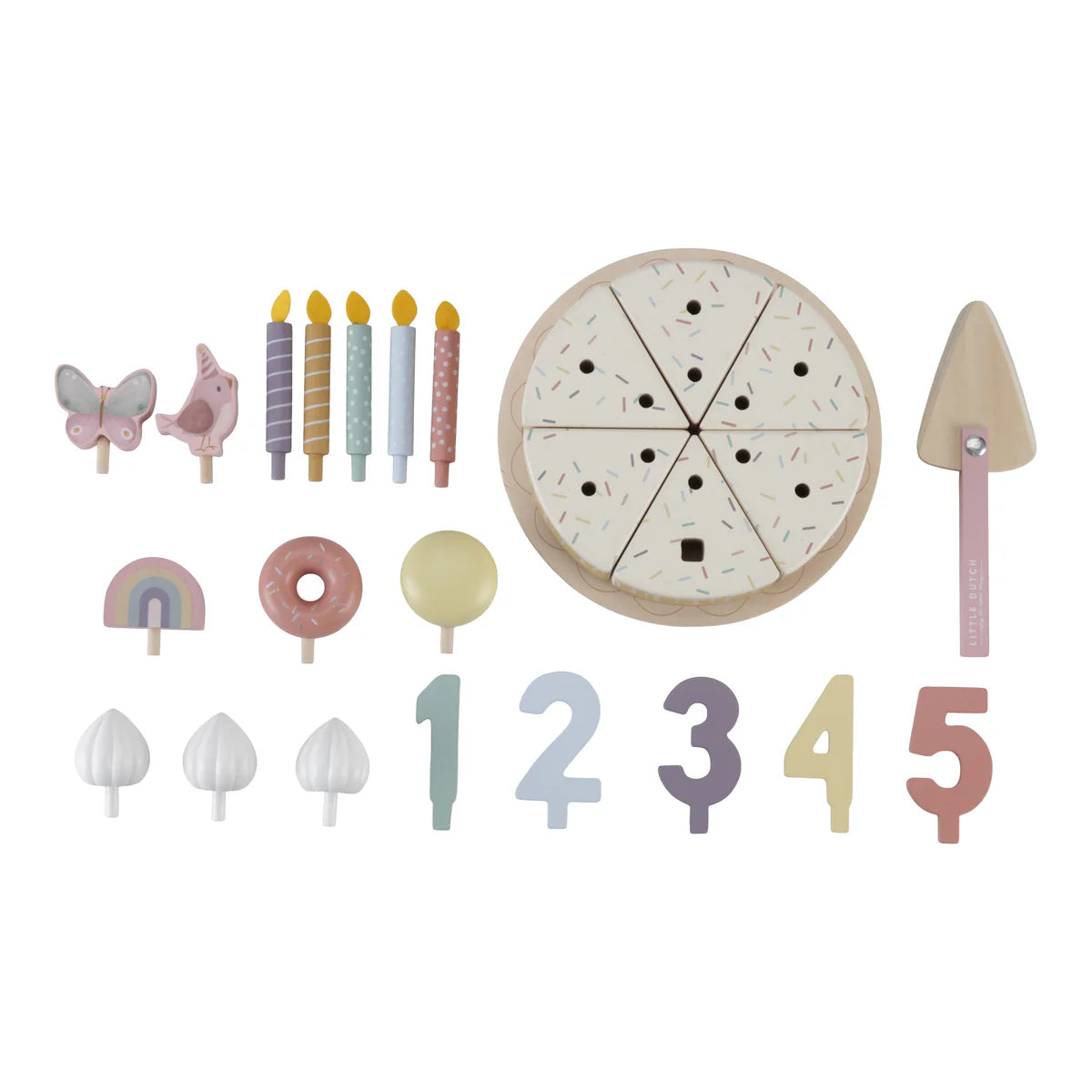 The Little Dutch wooden birthday cake comes with 26 pieces including accesories