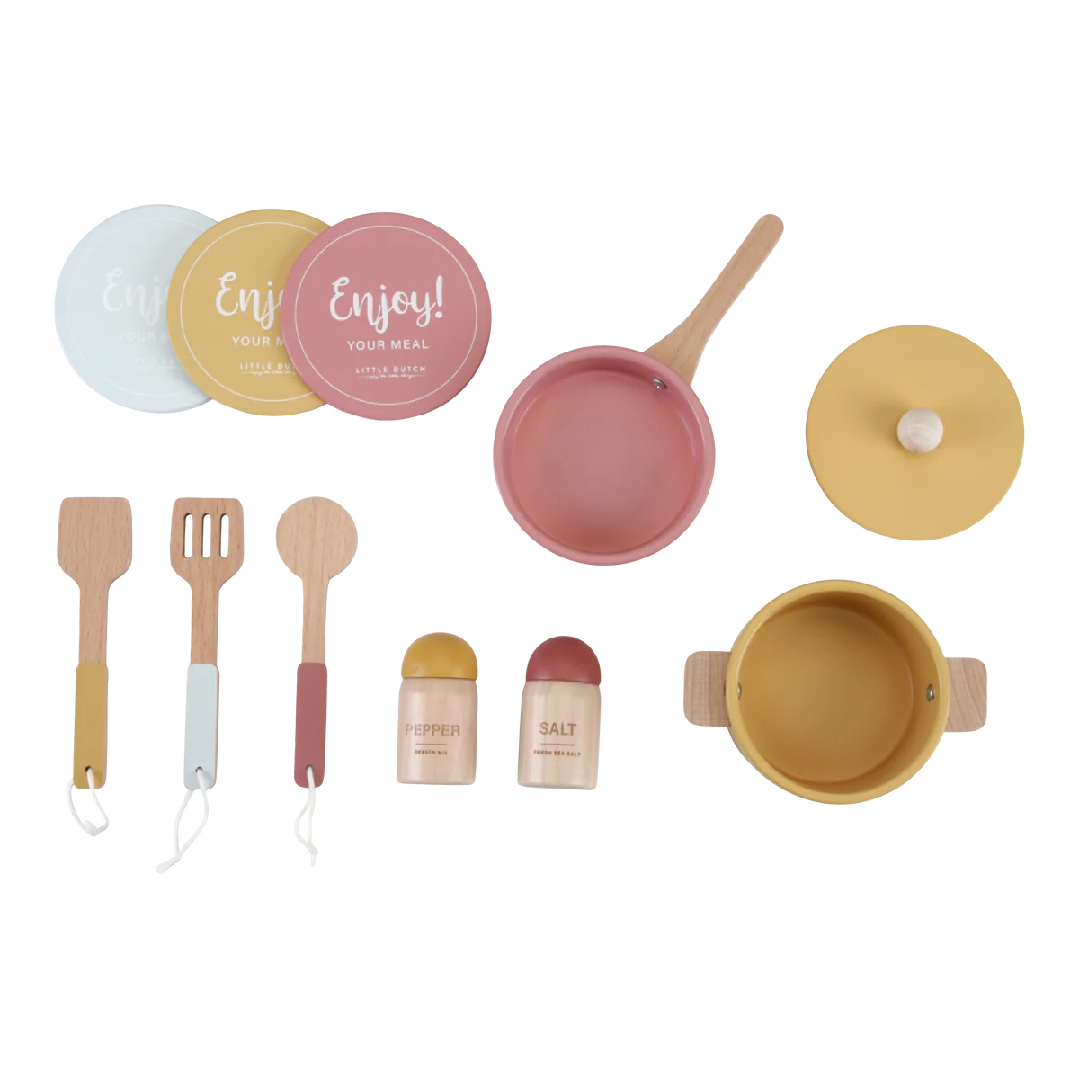 The Little Dutch play kitchen comes with 3 plates, 3 utensils, and two pans as well as salt and pepper shakers