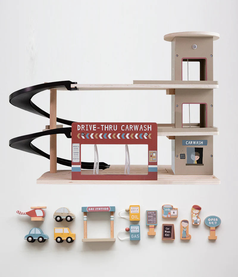 The Little Dutch garage comes with 13 accessories for added play value