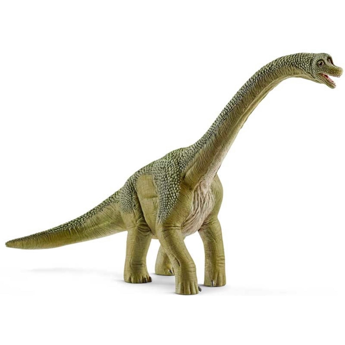Toy dinosaur, Brachiosaurus. Green/yellow. Long neck and tail.