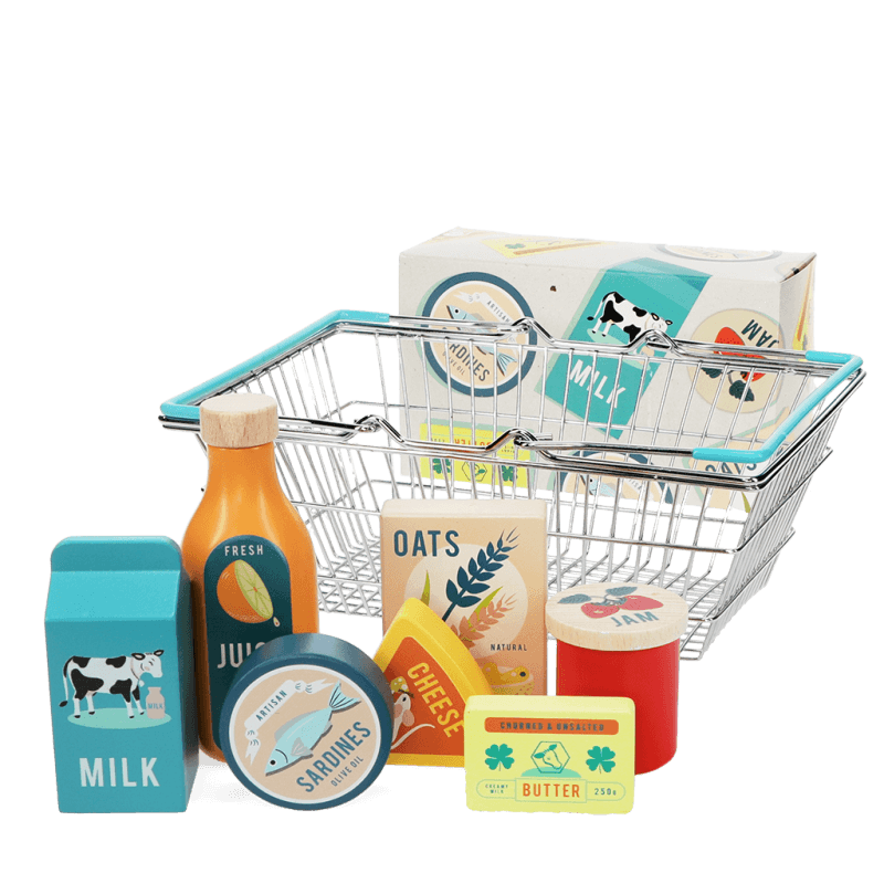 Wooden shopping play set with basket