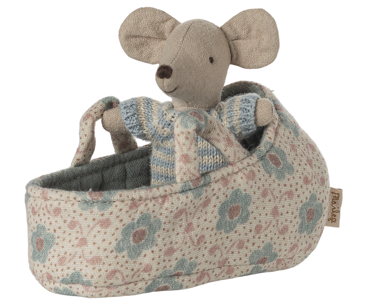 Maileg Baby Mouse in a Carrycot -Blue