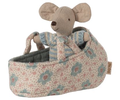 Maileg Baby Mouse in a Carrycot -Blue