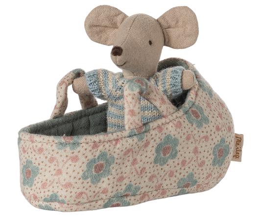 Maileg Baby Mouse in a Carrycot -Blue