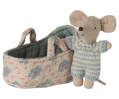 Maileg Baby Mouse in a Carrycot -Blue