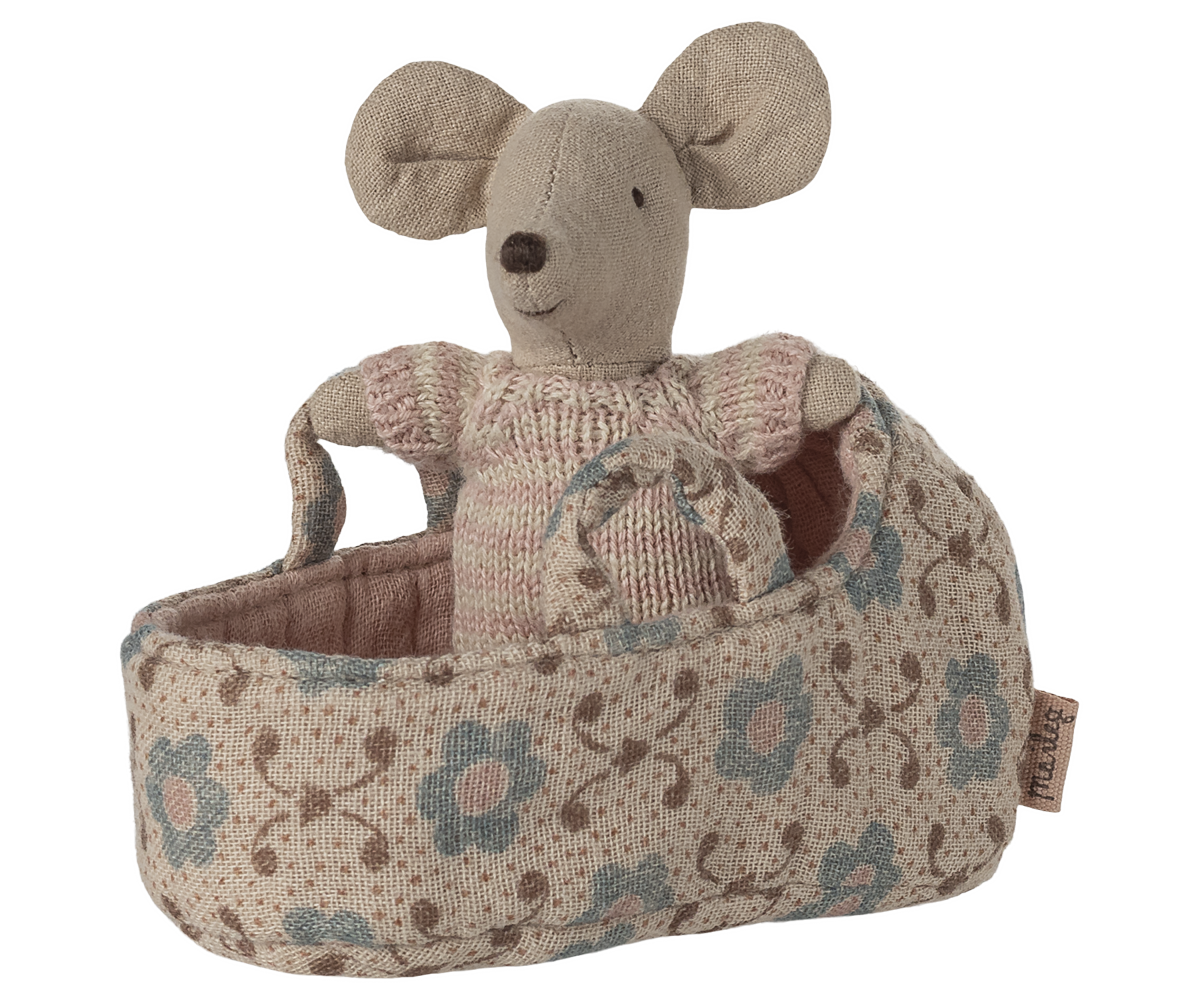 Maileg Baby Mouse in a Carrycot - Rose