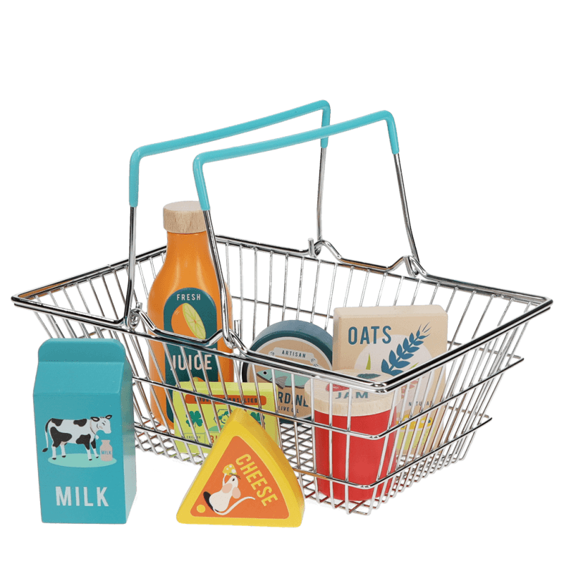 Wooden shopping play set with basket