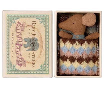 Maileg Sleepy/Wakey Baby Mouse in a Matchbox (Blue) NEW