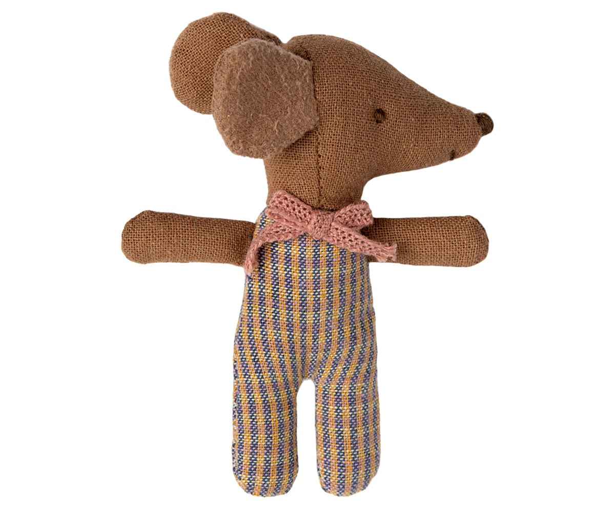 a little brown sleepy wakey baby girl Maileg Mouse in with a rose bow and sweet little checked outfit