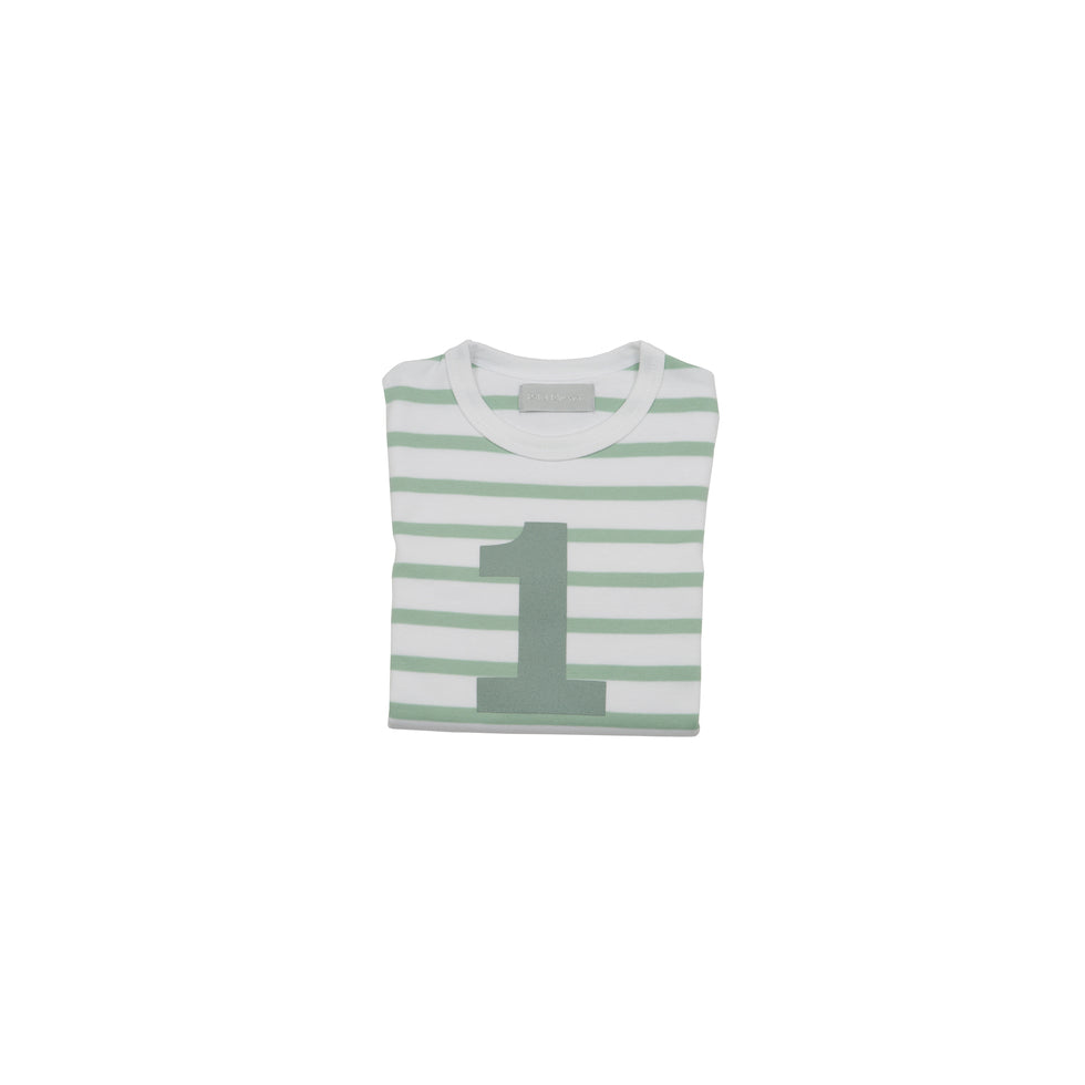 a green and white stripey top with a number 1 on by Bob and Blossom perfect for a first birthday