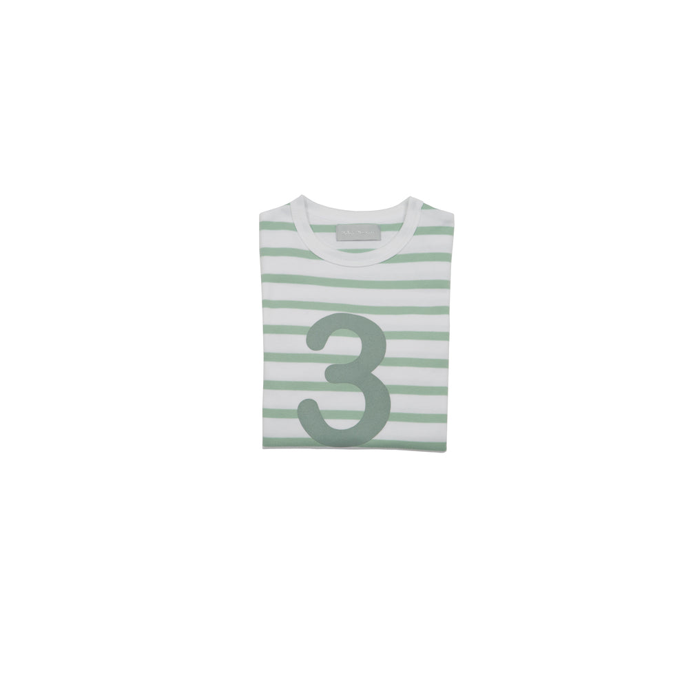 a green and white stripey top with a number 3 on by Bob and Blossom perfect for a third birthday