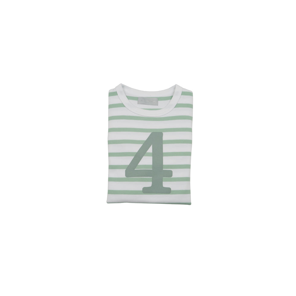 a green and white stripey top with a number 4 on by Bob and Blossom perfect for a fourth birthday