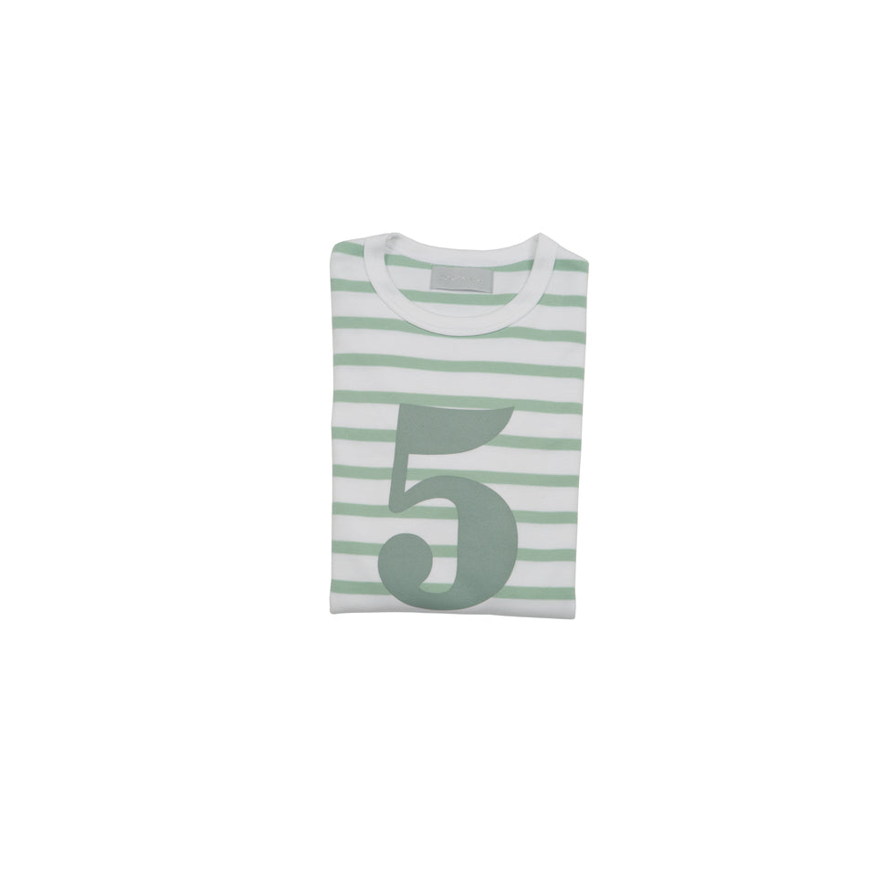 a green and white stripey top with a number 5 on by Bob and Blossom perfect for a fifth birthday