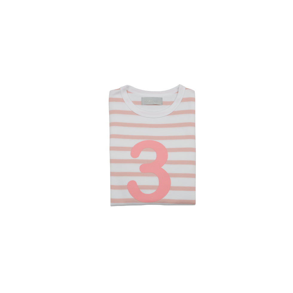 A pink and white stripey top for children with a number 3 on