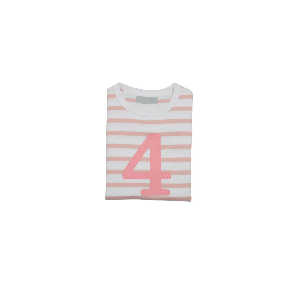 a pink and white striped childrens top by Bob and Blossom with a number 4 on 