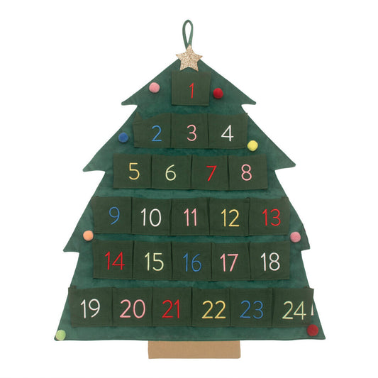 A green fabric advent calendar shaped like a Christmas tree with colorful numbers and a gold star topper, decorated with brightly colored pom poms.