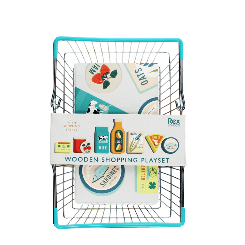 Wooden shopping play set with basket