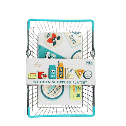 Wooden shopping play set with basket