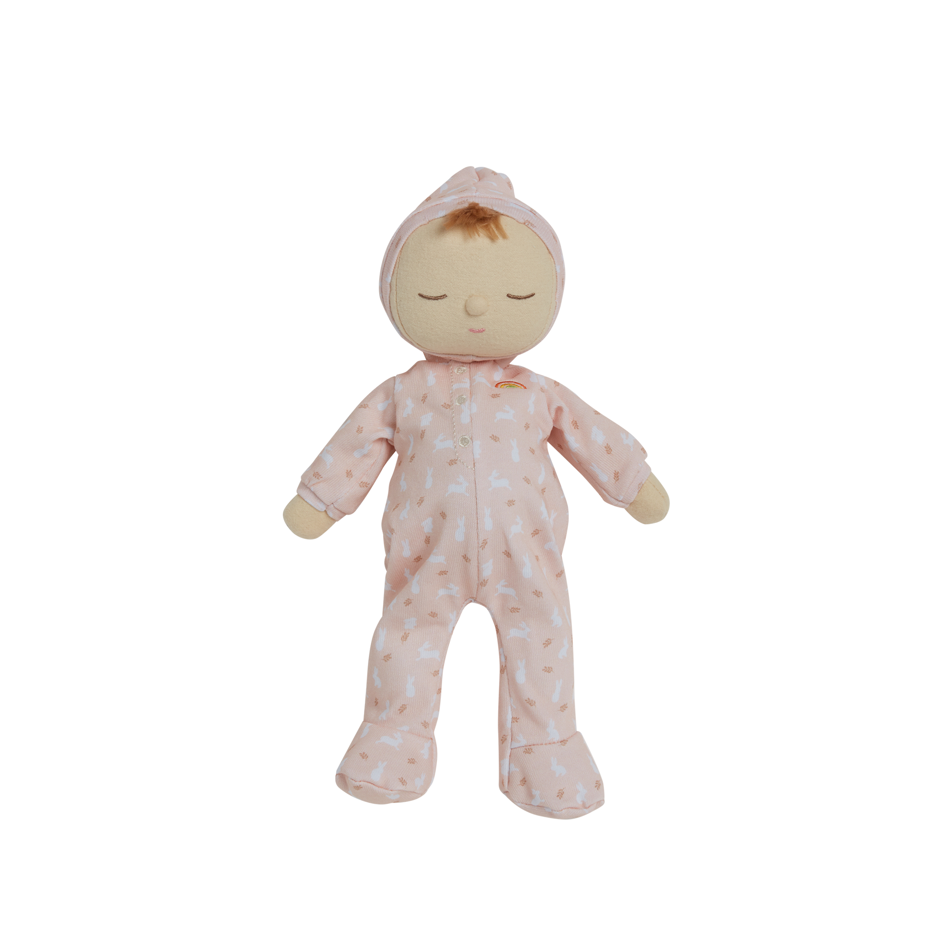Olli Ella Easter Dozy Dinkum doll with a pink outfit with little white rabbits on 