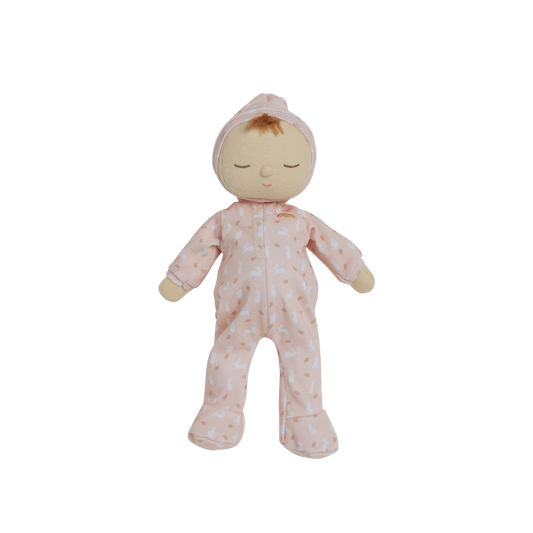 Olli Ella Easter Dozy Dinkum doll with a pink outfit with little white rabbits on 