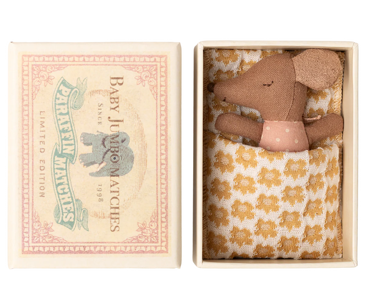 Maileg Sleepy/Wakey Baby Mouse in a Matchbox (Rose)