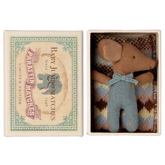 Maileg Sleepy/Wakey Baby Mouse in a Matchbox (Blue) NEW