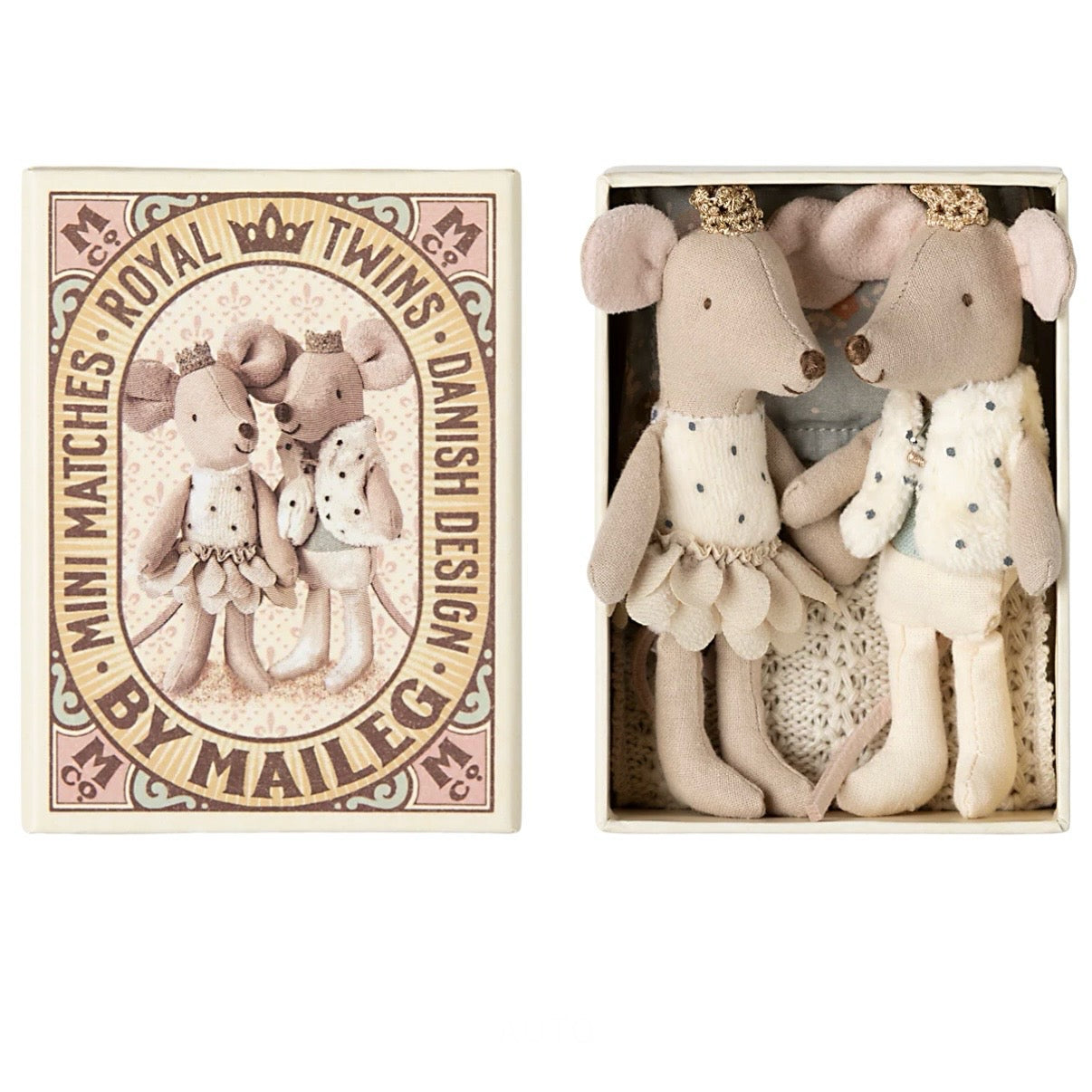 Maileg Royal Twin Mice Little Sister and Brother in a Matchbox
