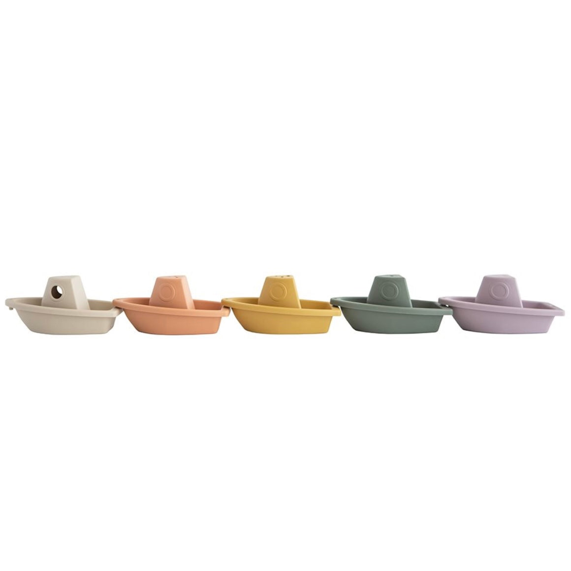 5 plastic bath boats in a row, rustic colours