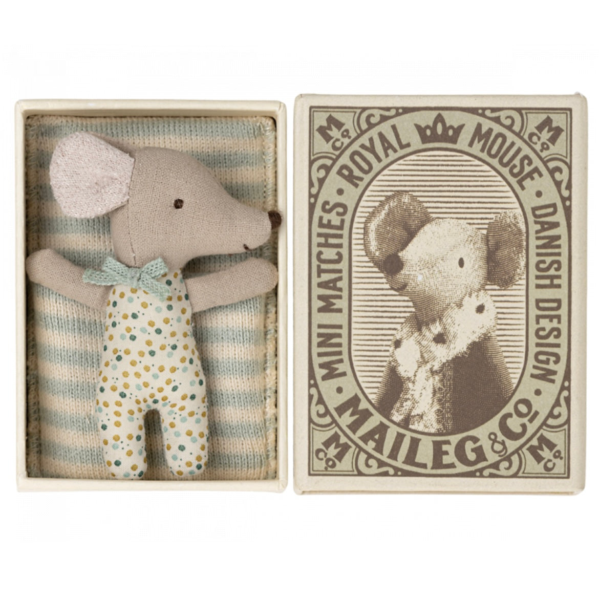 Maileg Sleepy/Wakey Baby Mouse in a Matchbox (Blue)