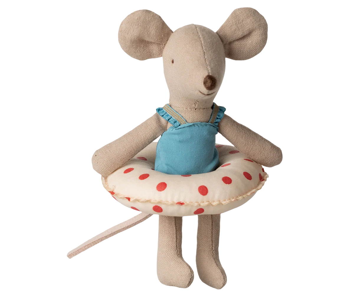 Maileg Little Sister Beach Mouse with Float (Red Dots)