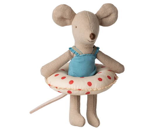 Maileg Little Sister Beach Mouse with Float (Red Dots)