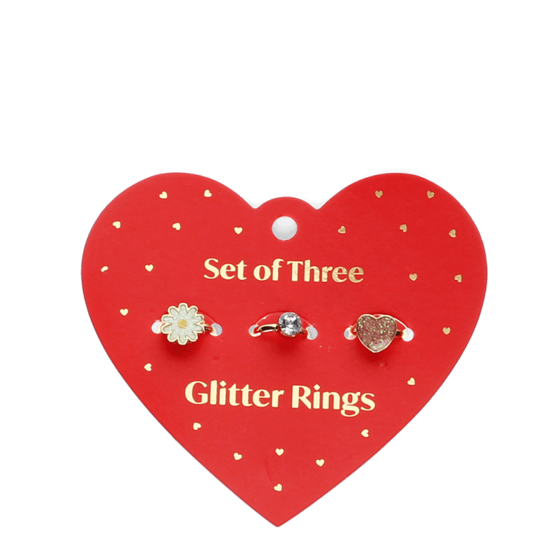 Set of 3 Glitter Rings - Heart and Flower