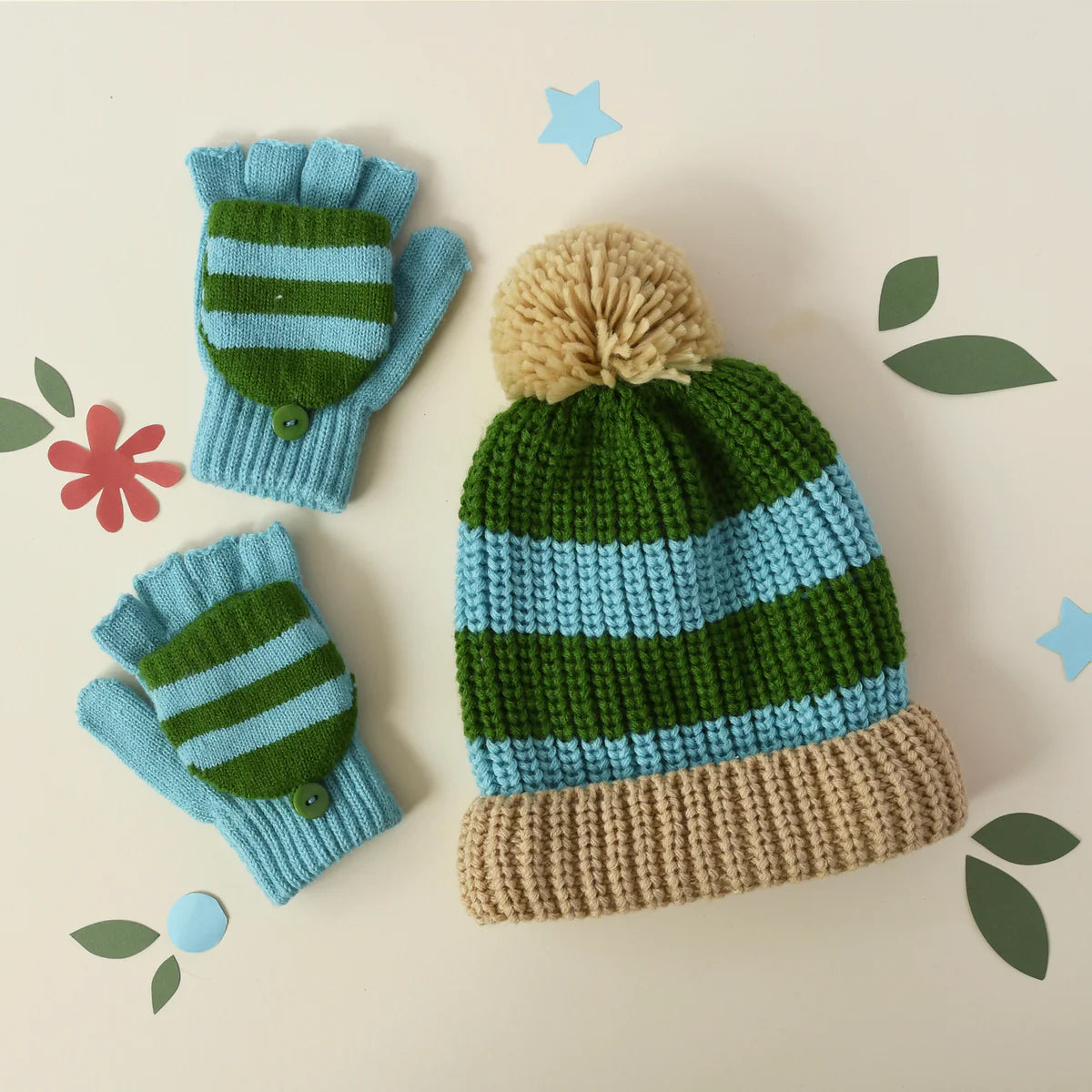 Cosy Striped Knitted Gloves Green 3-6 Years