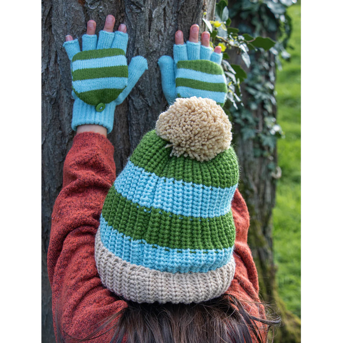 Cosy Striped Knitted Gloves Green 3-6 Years