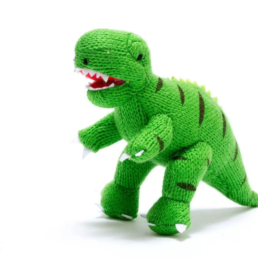 Green knitted t-rex dinosaur rattle