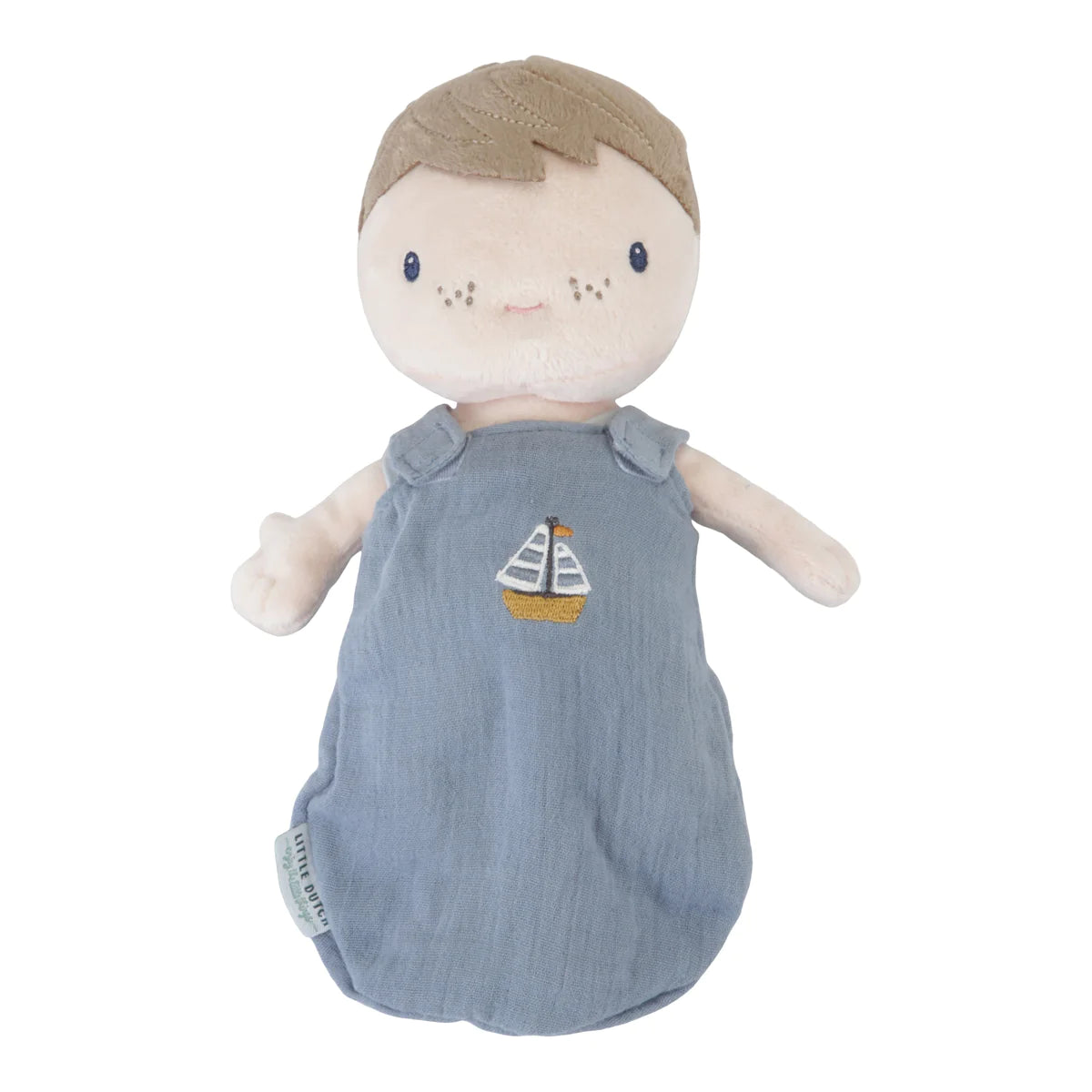 Little Dutch Baby Jim fabric doll in his sleeping bag