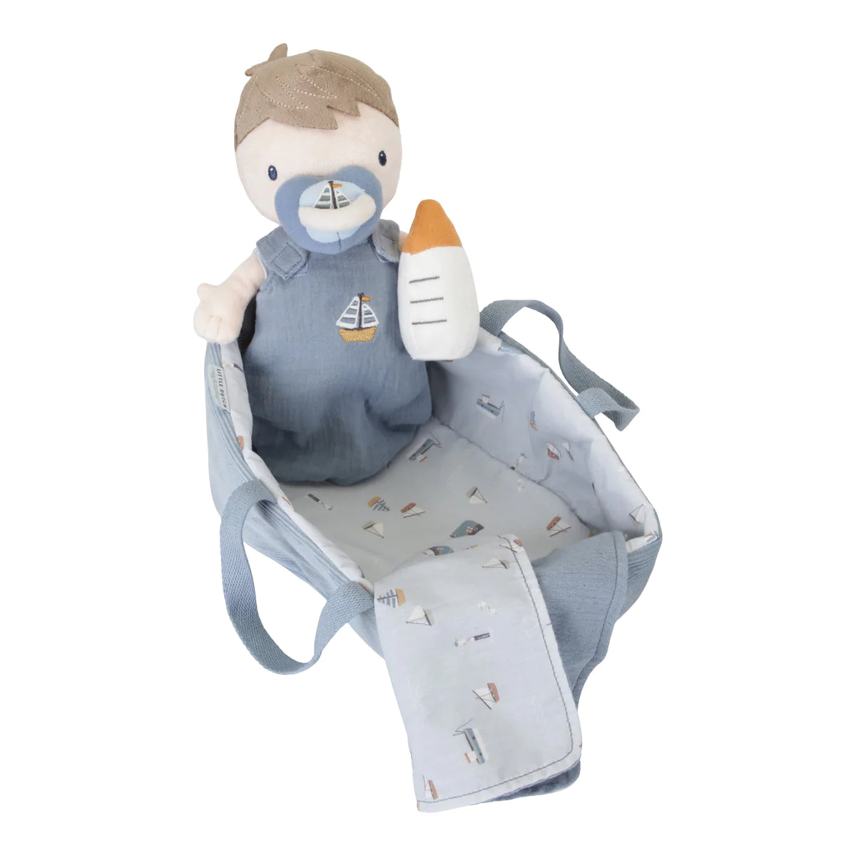 Little Dutch Baby Jim Doll with his dummy and bottle in his sleeping bag
