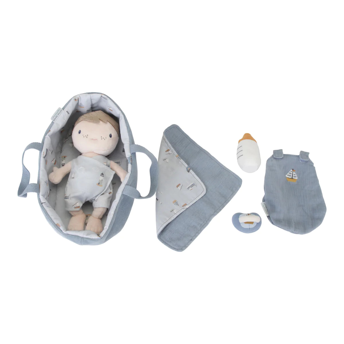 Little Dutch Baby Jim Doll with all his accessories including his outfit, moses basket, blanket, bottle, dummy and sleeping bag