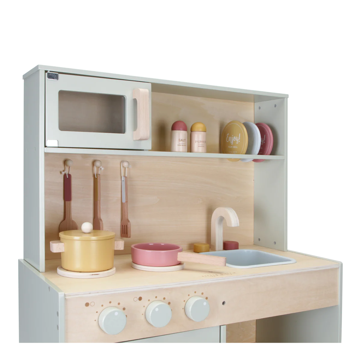 Little Dutch Play Kitchen comes with several accessories for added play value including pots and pans, utensils, plates and salt and pepper shakers