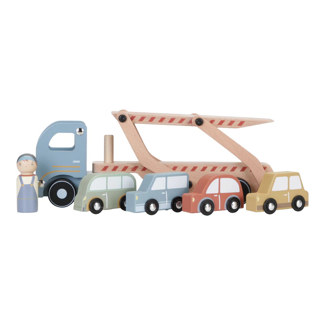 The Little Dutch transporter truck has lots of play value with a truck to drive and your cars to load on and off. The set also comes with a driver