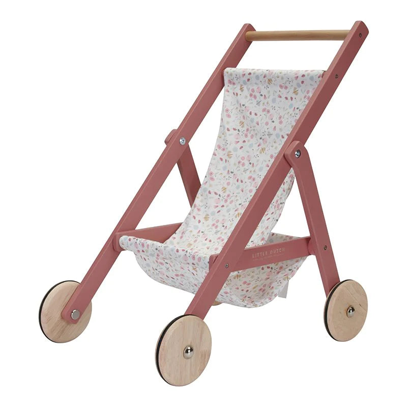 a wooden pushchair from Little Dutch with a floral fabric seat for pushing your dolls around in