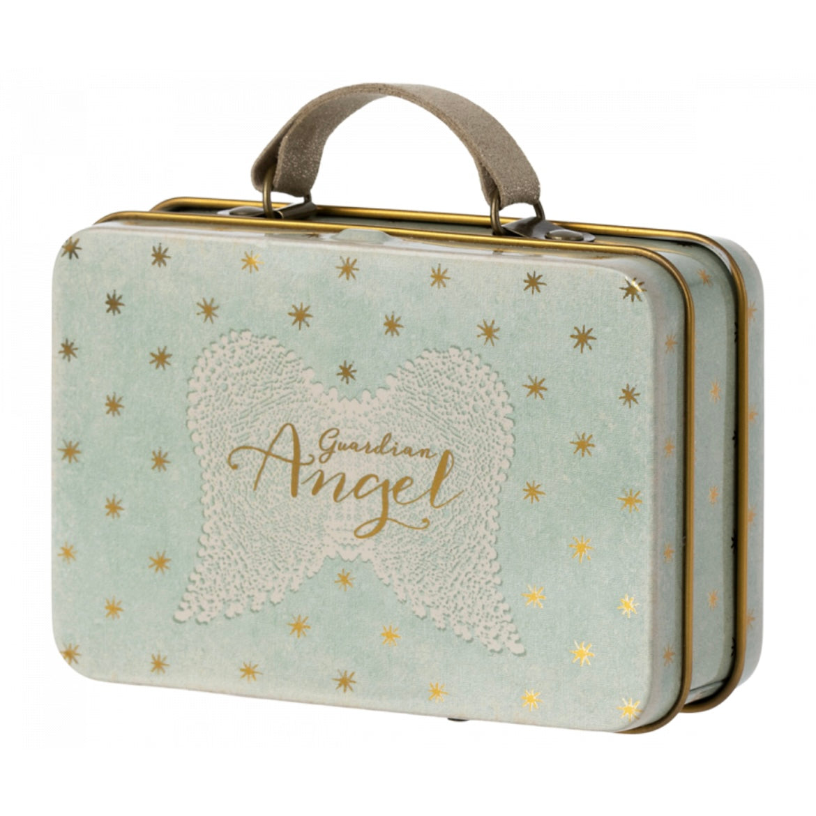 a mini metal maileg mint green suitcase with gold stars and a set of wings with guardian angel written on them