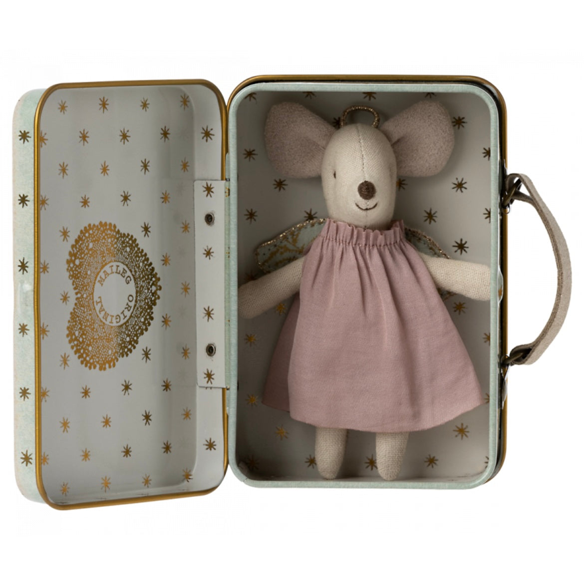 The Maileg little sister guardian angel mouse fits perfectly in her little tin suitcase to take with you wherever you need her or to store her in safely