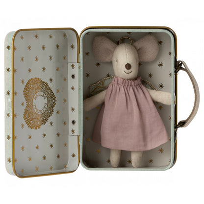 The Maileg little sister guardian angel mouse fits perfectly in her little tin suitcase to take with you wherever you need her or to store her in safely