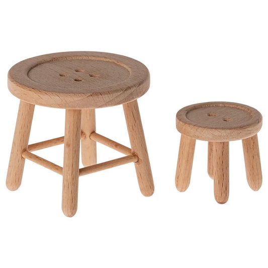 A lovely Maileg mouse furniture set which includes a little wooden button style table and stool