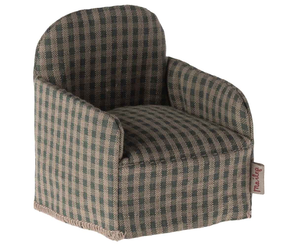 A green checked maileg armchair and a perfectly sized piece of furniture maileg mice