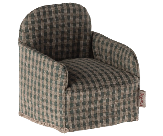 A green checked maileg armchair and a perfectly sized piece of furniture maileg mice