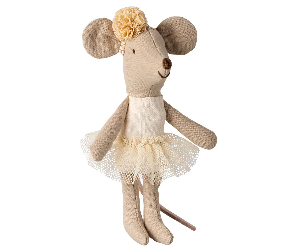 A Maileg ballerina little sister mouse wearing a white tutu dress